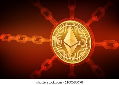 Cryptocurrency. Blockchain. Ethereum. 3D isometric Physical Ethereum coin with wireframe chain. Block chain concept. Editable template. Stock vector illustration.