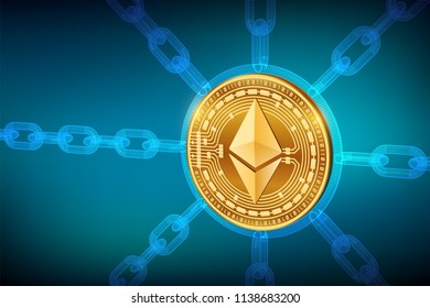 Cryptocurrency. Blockchain. Ethereum. 3D isometric Physical Ethereum coin with wireframe chain. Block chain concept. Editable template. Stock vector illustration.