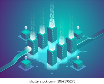 Cryptocurrency and blockchain. Farm for mining bitcoins. Digital money market, investment, finance and trading. Perfect for web design, banner and presentation. Isometric vector illustration.