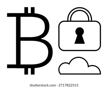 Criptomonedas, blockchain, fintech, seguridad digital, transacciones en línea, computación en la nube. Símbolo de Bitcoin emparejado con un candado y un icono de nube. Concepto de tecnología de criptomonedas y blockchain