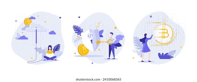 Cryptocurrency and blockchain flat concept vector illustrations set. Safe mining virtual currency via network cartoon composition. Alternative finances creative idea for website, mobile, presentation