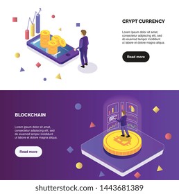 Cryptocurrency and blockchain horizontal isometric banners set with people do mining 3d isolated vector illustration
