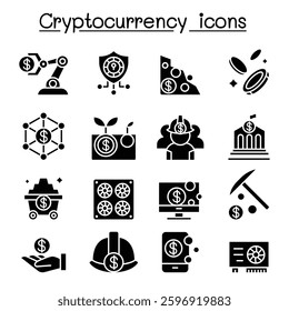 Cryptocurrency , Blockchain and ICO icon set in glyph style