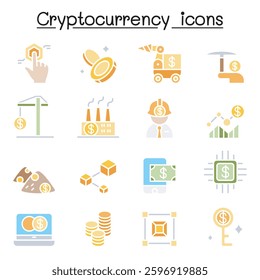 Cryptocurrency , Blockchain and ICO icon set in flat color style