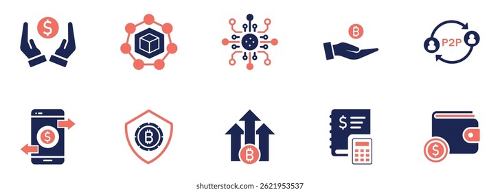 Cryptocurrency and Blockchain Icon Set – Bitcoin, P2P, Mobile Wallet, Secure Payment, Digital Finance, and Crypto Investment Graphics