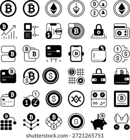 Conjunto de iconos de criptomonedas y blockchain. Contiene logotipos de Bitcoin, símbolos de Ethereum, billeteras digitales, chips de minería y gráficos financieros.