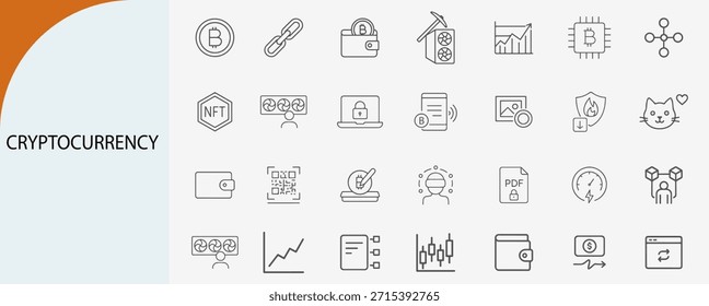 Conjunto de iconos de criptomonedas y blockchain, Vector monolíneo mínimo, estilo de finanzas digitales