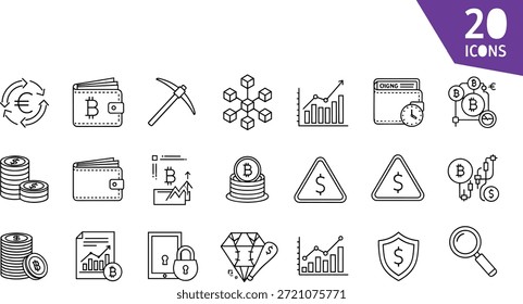 Conjunto de íconos de criptomonedas y blockchain con carteras, herramientas de minería, gráficos y símbolos de seguridad, diseño de Vectores en blanco y negro para el concepto de fintech