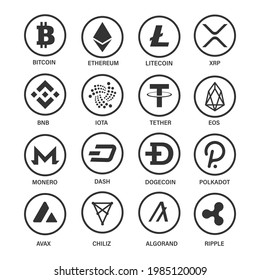 Cryptocurrency blockchain icons set. Digital coins. Isolated cryptocurrency symbols. Vector illustration.