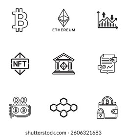 Cryptocurrency and Blockchain Icons set. Modern Cryptocurrency and Blockchain Icons Set. 