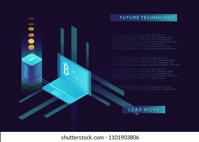 Cryptocurrency and blockchain illustration. Bitcoin mining farm. Artificial intelligence and machine learning. Concept for landing page for creating digital currency.