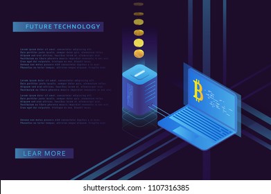 Cryptocurrency and blockchain illustration. Bitcoin mining farm. Artificial intelligence and machine learning. Concept for landing page for creating digital currency.