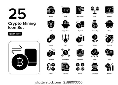 Cryptocurrency and Blockchain Innovation. Bitcoin, Ethereum, and Secure Transactions. Vector Illustration. Glyph solid icon set