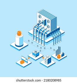 Cryptocurrency and Blockchain Isometric Composition Bitcoin Finance Digital Bank Concept. Vector illustration of Crypto Currency Money