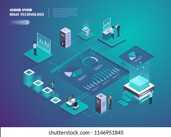 Cryptocurrency and blockchain isometric composition with business people, analysts and managers at work. Digital money market, investment, finance and trading. Vector isometric illustration.