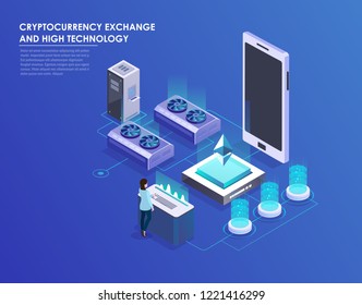 Cryptocurrency and blockchain isometric composition with business manager, analyst at work. Digital money market, investment, finance and trading. Vector isometric illustration.