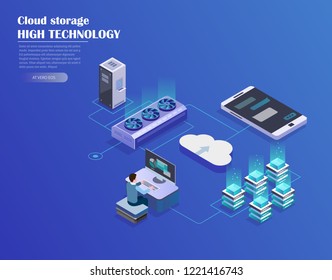 Cryptocurrency and blockchain isometric composition with business manager, analyst at work. Digital money market, investment, finance and trading. Vector isometric illustration.