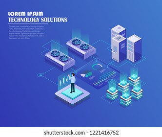 Cryptocurrency and blockchain isometric composition with business manager, analyst at work. Digital money market, investment, finance and trading. Vector isometric illustration.