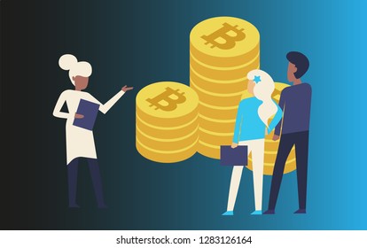 Cryptocurrency and blockchain isometric composition with business manager, analyst at work. Digital money market, investment, finance and trading. Vector isometric illustration.