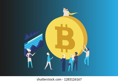 Cryptocurrency and blockchain isometric composition with business manager, analyst at work. Digital money market, investment, finance and trading. Vector isometric illustration.