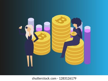 Cryptocurrency and blockchain isometric composition with business manager, analyst at work. Digital money market, investment, finance and trading. Vector isometric illustration.