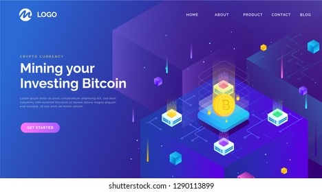 Cryptocurrency and blockchain isometric composition in city on crypto start up. Isometric vector illustration