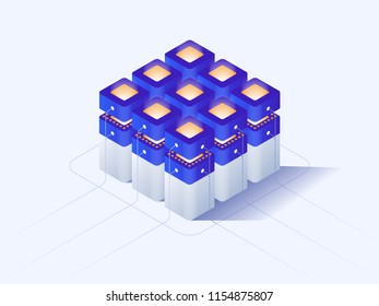 Cryptocurrency and blockchain isometric composition, crypto start up. Isometric vector illustration. 