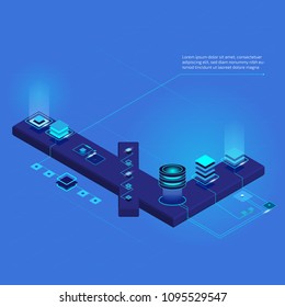 Cryptocurrency and blockchain isometric composition with litecoin symbol, computer chips, lighting effects. Vector illustration