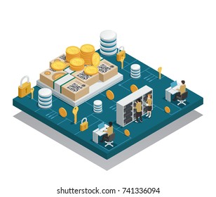 Cryptocurrency and blockchain isometric composition on blue platform with integrated circuit and miners near equipment vector illustration