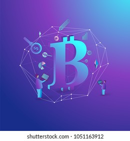 Cryptocurrency and blockchain isometric composition with people.