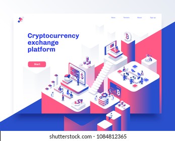 Cryptocurrency and blockchain isometric composition with people, analysts and managers working on crypto start up. Landing page template. Vector isometric illustration.