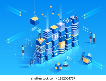 Cryptocurrency and blockchain isometric composition with people, analysts and managers working on crypto start up. Isometric vector illustration.