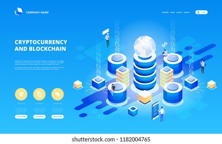 Cryptocurrency and blockchain isometric composition with people, analysts and managers working on crypto start up. Isometric vector illustration.