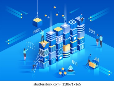 Cryptocurrency and blockchain isometric composition with people, analysts and managers working on crypto start up. Isometric vector illustration.
