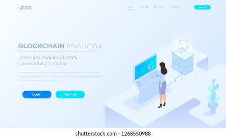 Cryptocurrency and blockchain isometric composition with people, analysts and managers working on crypto start up. Landing page template. Vector isometric illustration. - Vector
