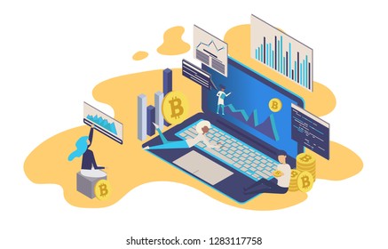 Cryptocurrency and blockchain isometric composition with people, analysts and managers working on crypto start up. Isometric vector illustration