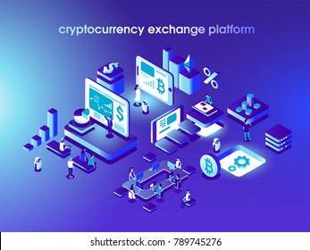 Cryptocurrency and blockchain isometric composition with people, analysts and managers working on crypto start up. Isometric vector illustration.