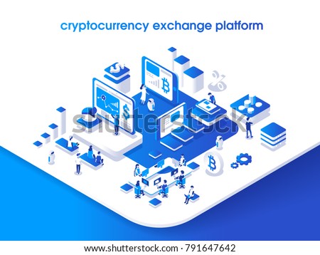 Cryptocurrency and blockchain isometric composition with people, analysts and managers working on crypto start up. Isometric vector illustration.