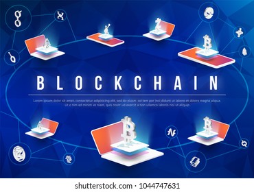 Composición isométrica de criptomonedas y blockchain con teléfono isométrico, computadora portátil. Diseño inteligente de objetos y tecnología inteligente. Ilustración vectorial 3D. Analistas y gerentes que trabajan en la puesta en marcha de blockchain