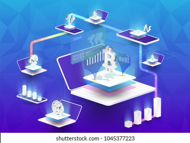 Cryptocurrency and blockchain isometric composition with Isometric phone, laptop. Smart object and smart technology design. 3d vector illustration. analysts and managers working on blockchain start up