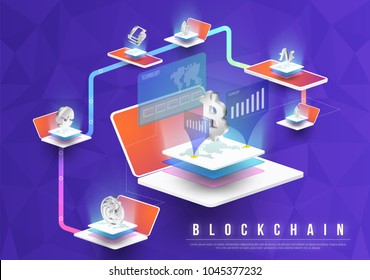 Cryptocurrency and blockchain isometric composition with Isometric phone, laptop. Smart object and smart technology design. 3d vector illustration. analysts and managers working on blockchain start up