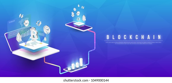 Cryptocurrency and blockchain isometric composition with Isometric phone, laptop. Smart object and smart technology design. 3d vector illustration. analysts and managers working on blockchain start up