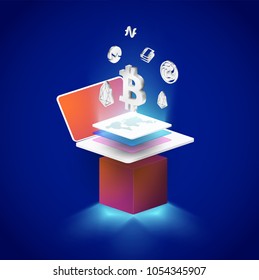 Cryptocurrency and blockchain isometric composition with Isometric phone, laptop. Smart object and smart technology design. 3d vector illustration. analysts and managers working on blockchain start up