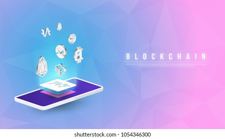 Cryptocurrency and blockchain isometric composition with Isometric phone, laptop. Smart object and smart technology design. 3d vector illustration. analysts and managers working on blockchain start up