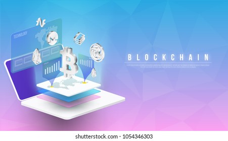 Cryptocurrency and blockchain isometric composition with Isometric phone, laptop. Smart object and smart technology design. 3d vector illustration. analysts and managers working on blockchain start up