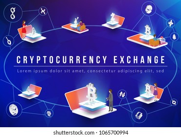 Cryptocurrency and blockchain isometric composition with Isometric phone, laptop and people. Smart object and smart technology design. 3d vector. analysts and managers working on blockchain start up.