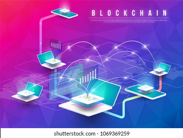 Cryptocurrency and blockchain isometric composition with Isometric phone, laptop. Smart object and smart technology design. 3d vector. analysts and managers working on blockchain start up.