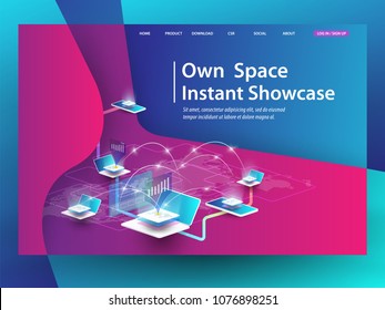 Cryptocurrency and blockchain isometric composition with Isometric phone, laptop. Smart object and smart technology design. 3d vector illustration. analysts and managers working on blockchain start up