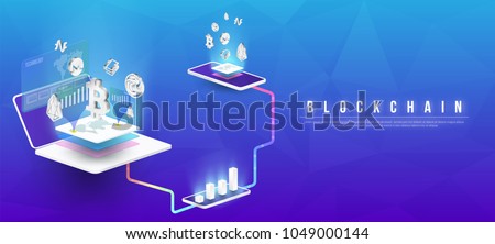 Cryptocurrency and blockchain isometric composition with Isometric phone, laptop. Smart object and smart technology design. 3d vector illustration. analysts and managers working on blockchain start up