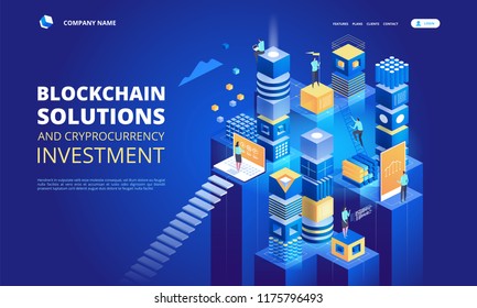 Cryptocurrency and blockchain isometric composition. Platform creation of digital currency. Web business, analytics and management. Vector illustration